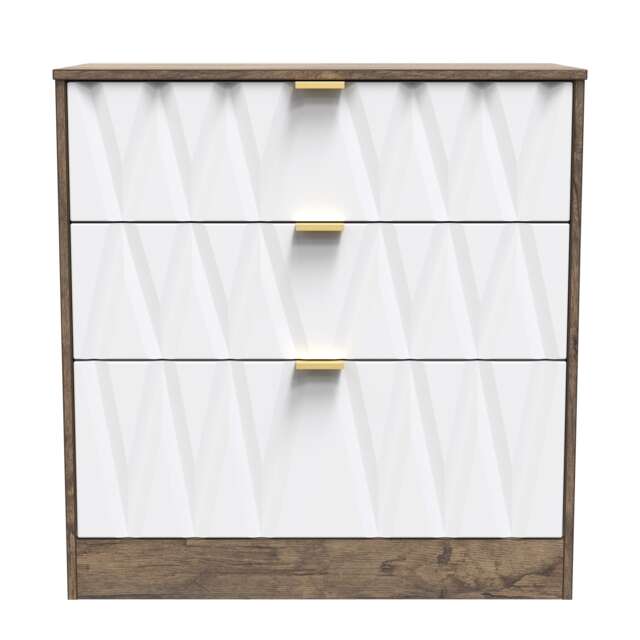 Washington 3 Drawer Deep Chest of Drawers in White Matt & Vintage Oak (Ready Assembled) White White Matt & Vintage Oak