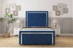 "Sloomy Boston Chrome Navy Plush Bed Frame With 50"" Upholstered Headboard 4' Small Double"