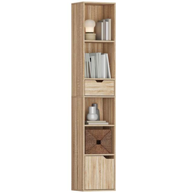 HOMCOM Narrow Bookshelf with Drawer, Tall Bookcase for Living Room, Natural Brown Natural wood finish