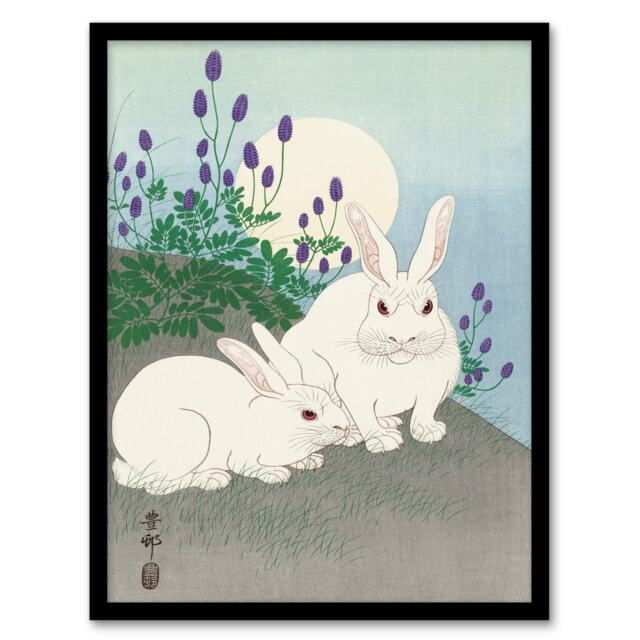 Ohara Koson Framed Wall Art Print Two Rabbits At Full Moon Home Décor