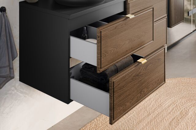 Modern Vanity Unit with Basin 600mm Dark Oak Walnut Effect Bathroom Wall Cabinet 2 Drawers Black Talia
