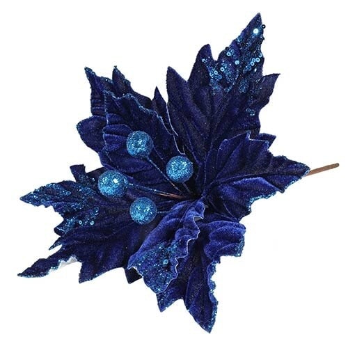 Royal Blue Velvet Christmas Poinsettia with Glitter Detail Artificial Flower Decoration 40cm
