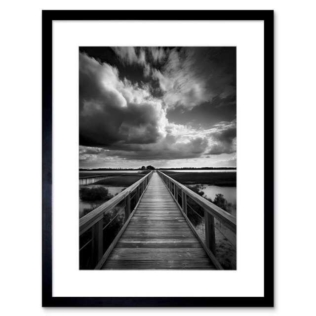 "Wooden Bridge River Landscape Black White 9x7"" Black Framed Wall Art Print"