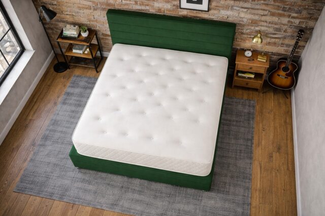 Divan Bed Set Headboard and Footboard with Mattress 2ft6 Small Single Dark Green Suede Storage 2 Drawers Right Side Laying in Bed