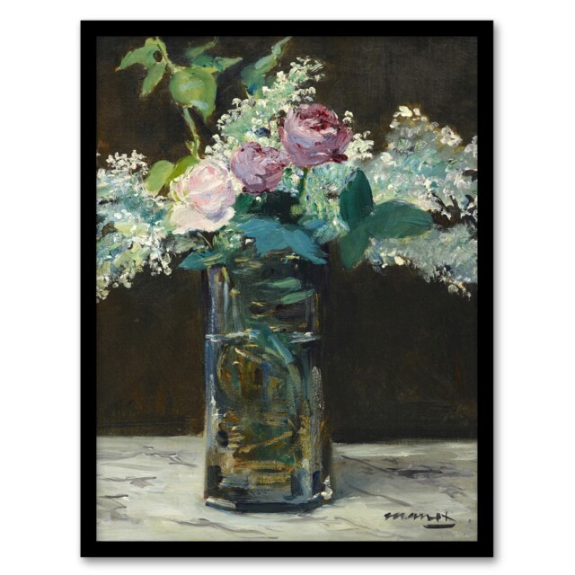 "Vase of White Lilacs and Roses Manet Vintage Framed Wall Art Print 12X16"""