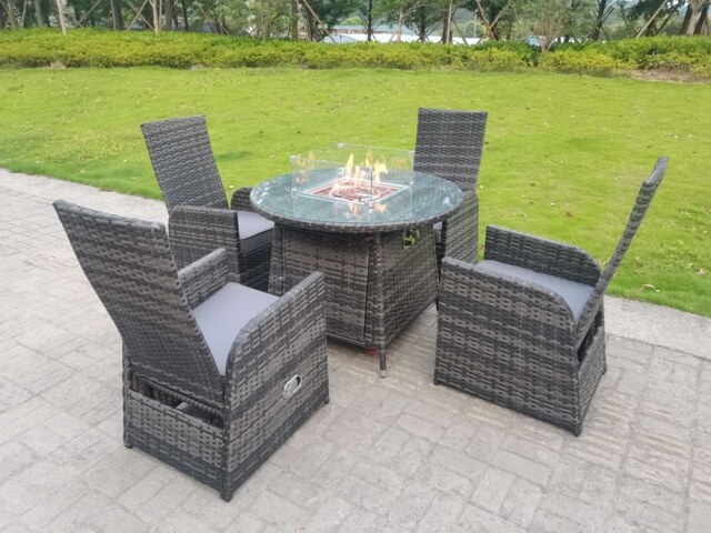 Rattan Outdoor Garden Furniture Gas Fire Pit Dining Table Gas Heater Burner Reclining Table And Chair Sets 4 Seater Plus Round Table