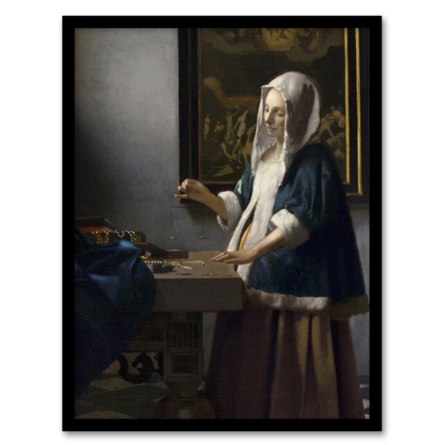 "Woman Holding a Balance Vermeer Vintage Framed Wall Art Print 12X16"""