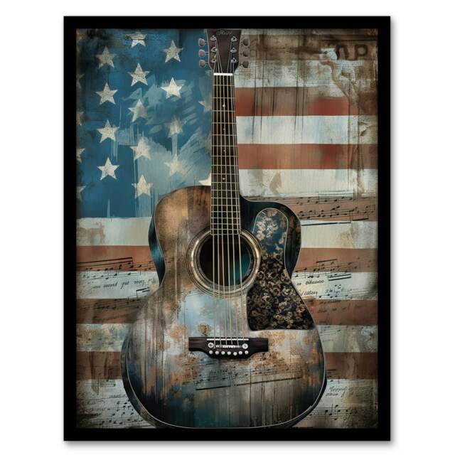 American Flag Acoustic Guitar Acrylic Home Decor Black Framed Wall Art Print A4