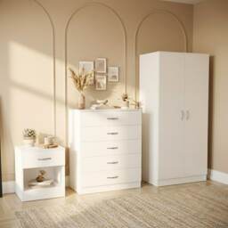 Vida Designs Riano 3 Piece Bedroom Set (1 Drawer Bedside Chest, 5 Drawer Chest, 2 Door Wardrobe) - White