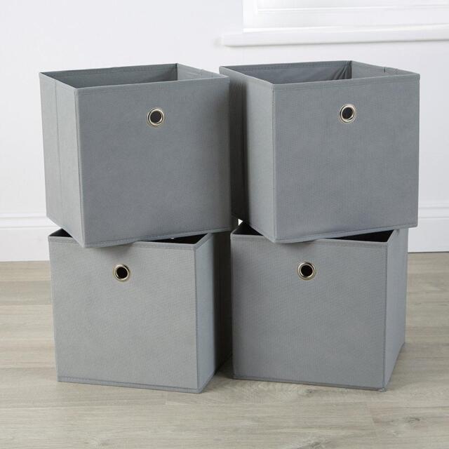 Foldable Canvas Storage Folding Box Fabric Cube Cloth Bag 4 Piece Set Grey