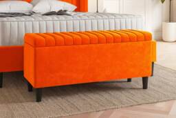 120cm Lined Upholstered Ottoman Storage box - Burnt Orange Plush Velvet Blanket Storage Box with Wooden Legs