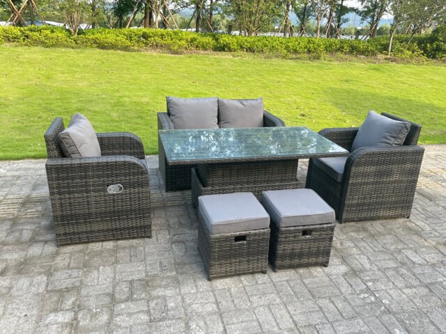 Fimous Dark Mixed Grey Rattan Outdoor Garden Furniture Lifting Adjustable Dining Or Coffee Table Sets Love Sofa Reclining Chairs Footstools 6 Seater