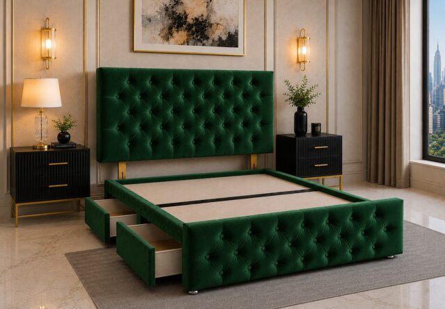 Brooklyn Divan Bed with Upholstered Headboard & Footboard Base - Double Emerlad Coniston No Storage
