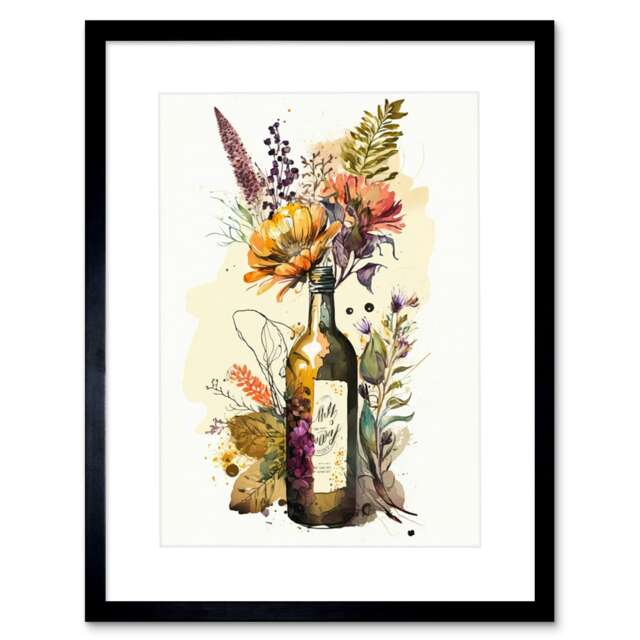 "Wildflower Bouquet Upcycled Glass Wine Bottle 9x7"" Black Framed Wall Art Print"