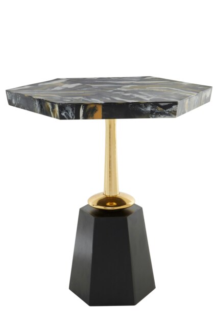 Metallic Hexagonal Base Side Table,Bedside Table With Bevelled Edges,Accent Table With Golden Aluminum Stand Black