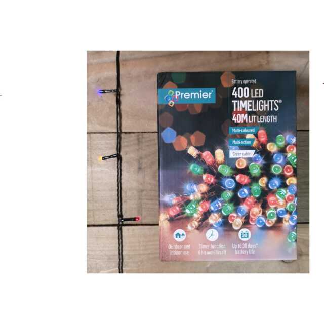 400 LED 40m Premier Christmas Indoor Outdoor Multi Function Battery Operated String Lights with Timer in Multicoloured