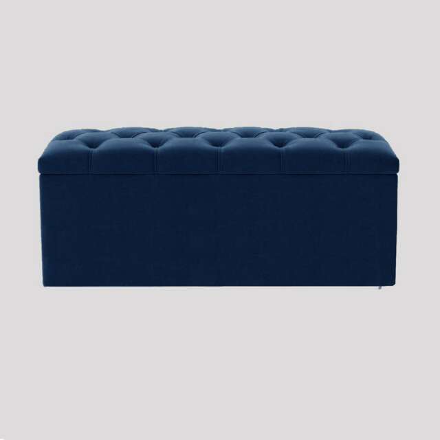 150cm Luna Chesterfield Ottoman Storage Box - Sapphire Blue Plush Velvet Upholstered Blanket Box