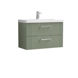 Balterley Partial Fluted 2 Drawer Wall Hung Vanity Unit with Mid-Edge 1 Tap Hole Ceramic Basin Green Satin Green