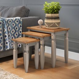 Mercers Furniture Corona Grey Wax Piccolo Nest of 3 Tables Side End Lamp Occasional Stands Solid Wood Pine Wooden with Mexican Styling