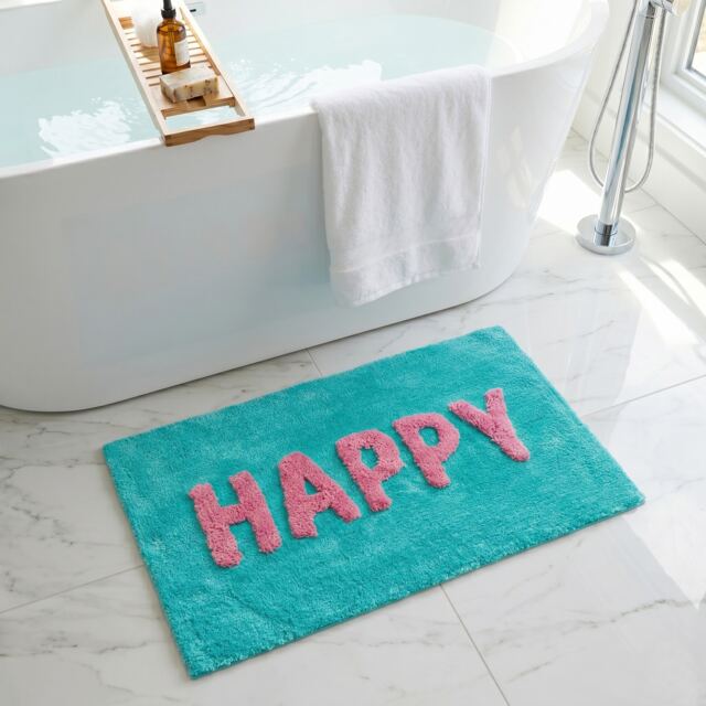 "Happy Slogan Colourful Bath Mat Non Slip - Soft & Absorbent Blue Turquoise 50 x 80cm (20 x 32"") 1"