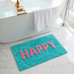 "Happy Slogan Colourful Bath Mat Non Slip - Soft & Absorbent Blue Turquoise 50 x 80cm (20 x 32"") 1"
