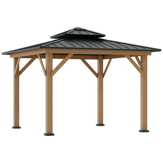 Outsunny 3.5 x 3.5m Wood Frame Hardtop Gazebo w/ Double Vented Roof, Black Black Black, natural wood 3.4 x 3.4 x 2.9 m