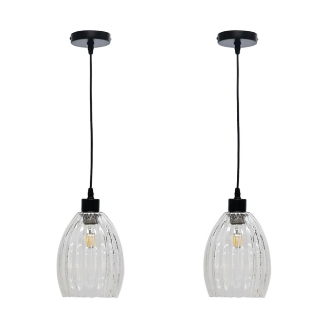 Set of 2 Birch - Clear Fluted Glass with Black Pendant Fittings Clear Clear 2
