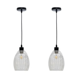 Set of 2 Birch - Clear Fluted Glass with Black Pendant Fittings Clear Clear 2