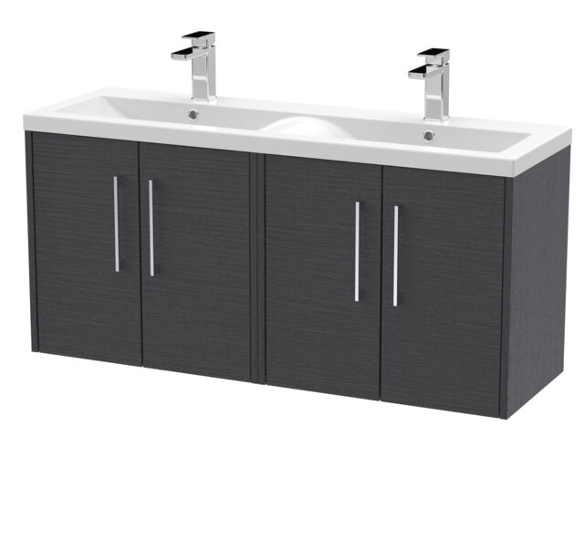 Balterley Winshill Contemporary 4 Door Wall Hung Vanity Unit with Double Basin, Woodgrain Dark Grey, 1200mm