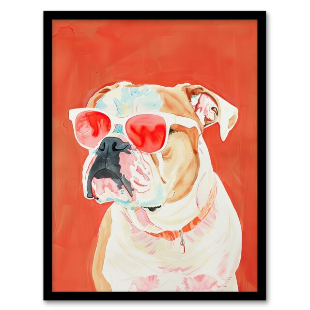 Dog Lover English Bulldog Sunglasses Pop Art Red Black Framed Wall Art Print A4