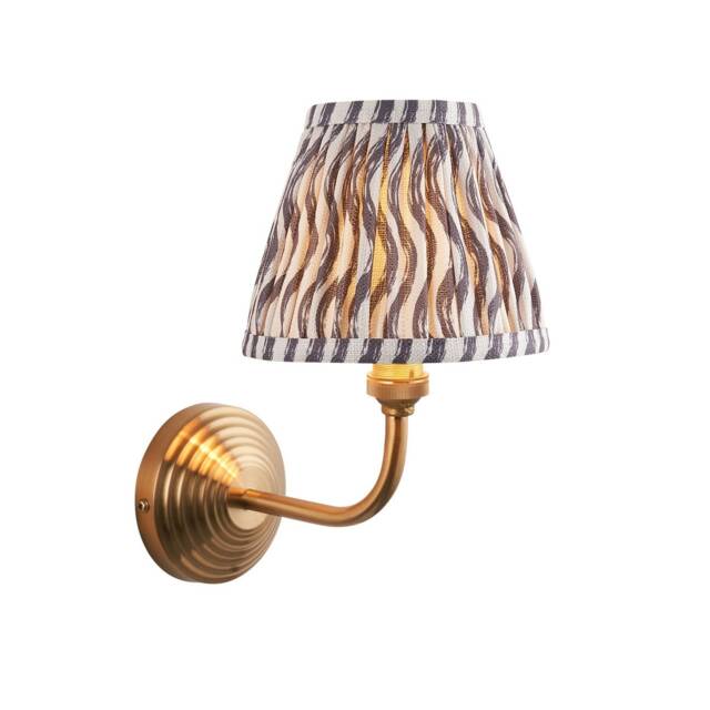 Obelisk Arc Brushed Aged Brass Plate Wall Light with Pearl Grey Fabric Ripple Shade 16cm B22