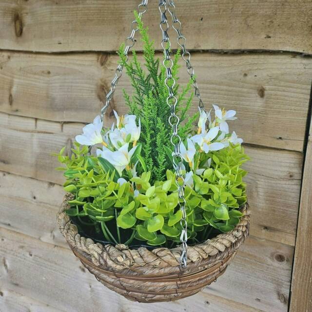 Best Artificial White Mini Daffodil Display in 10 inch Woven Decorative Hanging Basket
