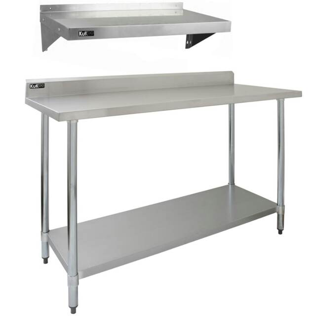 5ft Stainless Steel Catering Bench & 2 x Wall Mounted Shelves Silver