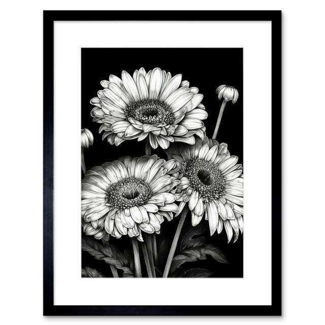 "Black White Gerbera Flowers Dark 9x7"" Black Framed Wall Art Print"