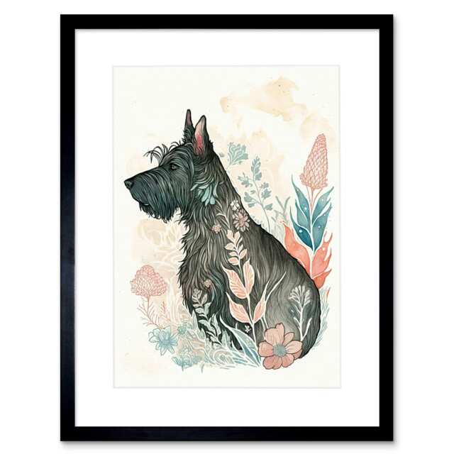 "Scottish Terrier Dog Flower Field Bright Watercolour 9x7"" Black Framed Wall Art Print"