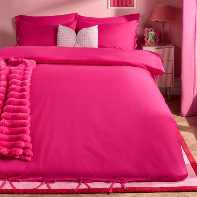 OHS Bow Tie Solid Dye Duvet Cover Set Bedding with Pillowcase Pink Hot Pink Single