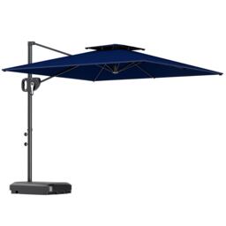 Outsunny 2.5m Garden Cantilever Parasol with Fillable Base, Up to 40kg, Double Top Garden Parasol, Square Overhanging Patio Umbrella with Crank Handle and Tilt for Outdoor Sun Shade Blue Blue