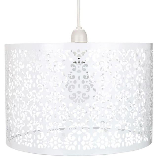 Moroccan Designed Large White Metal Pendant Light Shade with Floral Decoration White White 1