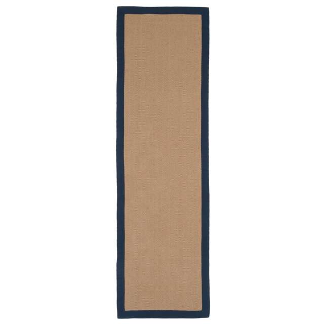 KUKOON Beige Natural Jute Herringbone Pattern Non Slip Navy Border Rug 70cm x 240cm