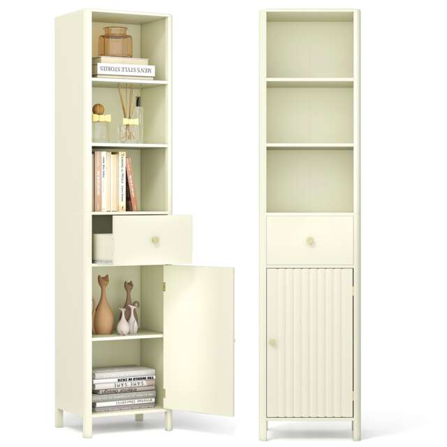 COSTWAY 170cm Tall Bathroom Cabinet Narrow Floor Cabinet Beige