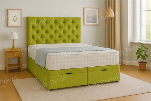 Ottoman Foot Lift Green Naples 3ft Single Divan Bed With Mattress & Headboard