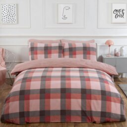 OHS Check Print Teddy Fleece Duver Cover and Pillowcase Set, Single - Blush Pink