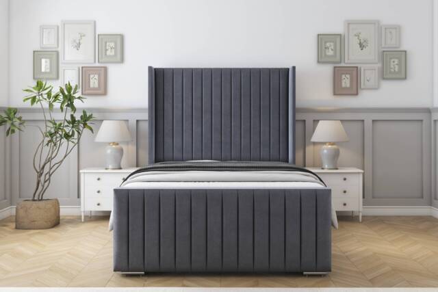 "Sloomy Marlborough Steel Plush Bed Frame With 50"" Upholstered Wingback Headboard 4'6 Double"