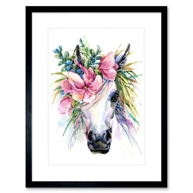 "Unicorn Flower Crown Floral Watercolour Girls Kids Bedroom 9x7"" Black Framed Wall Art Print"