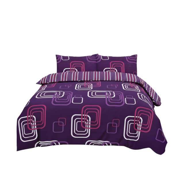 Duvet Cover And Pillowcase Set Geometric Square Design Polycotton Bed Linen Purple King