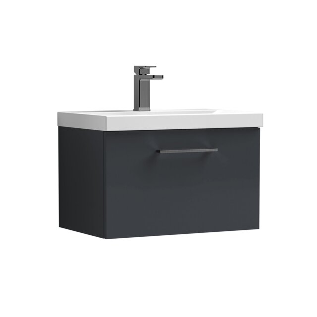 Balterley Wall Hung Bathroom 1 Drawer Vanity Unit and 1 Tap Hole Ceramic Basin, with Handle Grey Soft Black