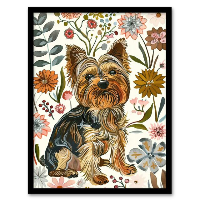 Yorkshire Terrier Dog Lover Boho Floral Pattern Black Framed Wall Art Print A4