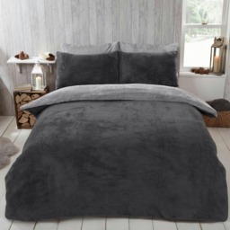 OHS Soft Reversible Teddy Fleece Duvet Cover and Pillowcase Bedding Set, Super King - Charcoal Grey/Grey