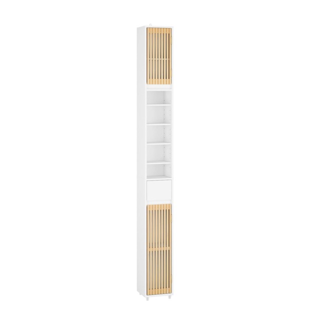 SoBuy BZR34-BW,Slim Freestanding Bathroom Tall Cabinet with Bamboo Doors White Beige 1