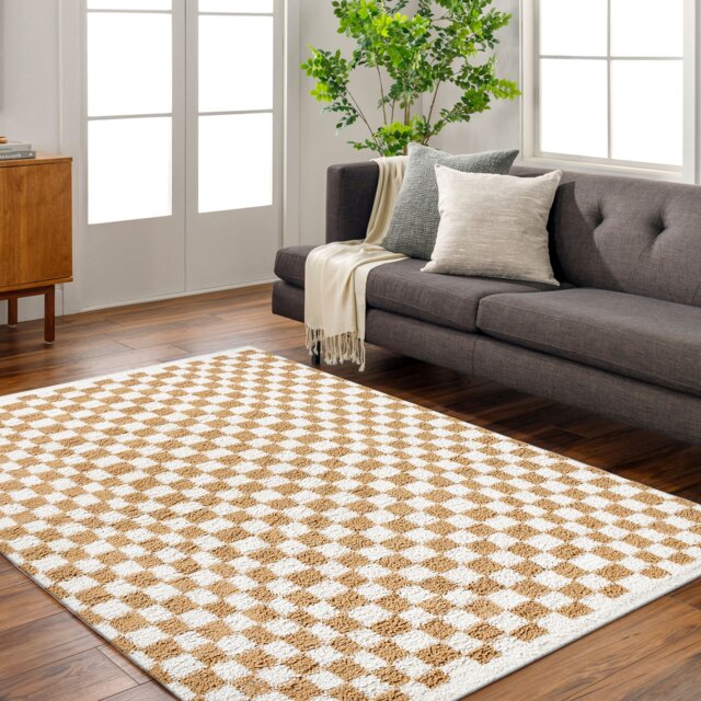 LIVABLISS Birmingham-Modern Checkered Soft Plush Pile Rug 200 x 275 cm Black Grey Brown